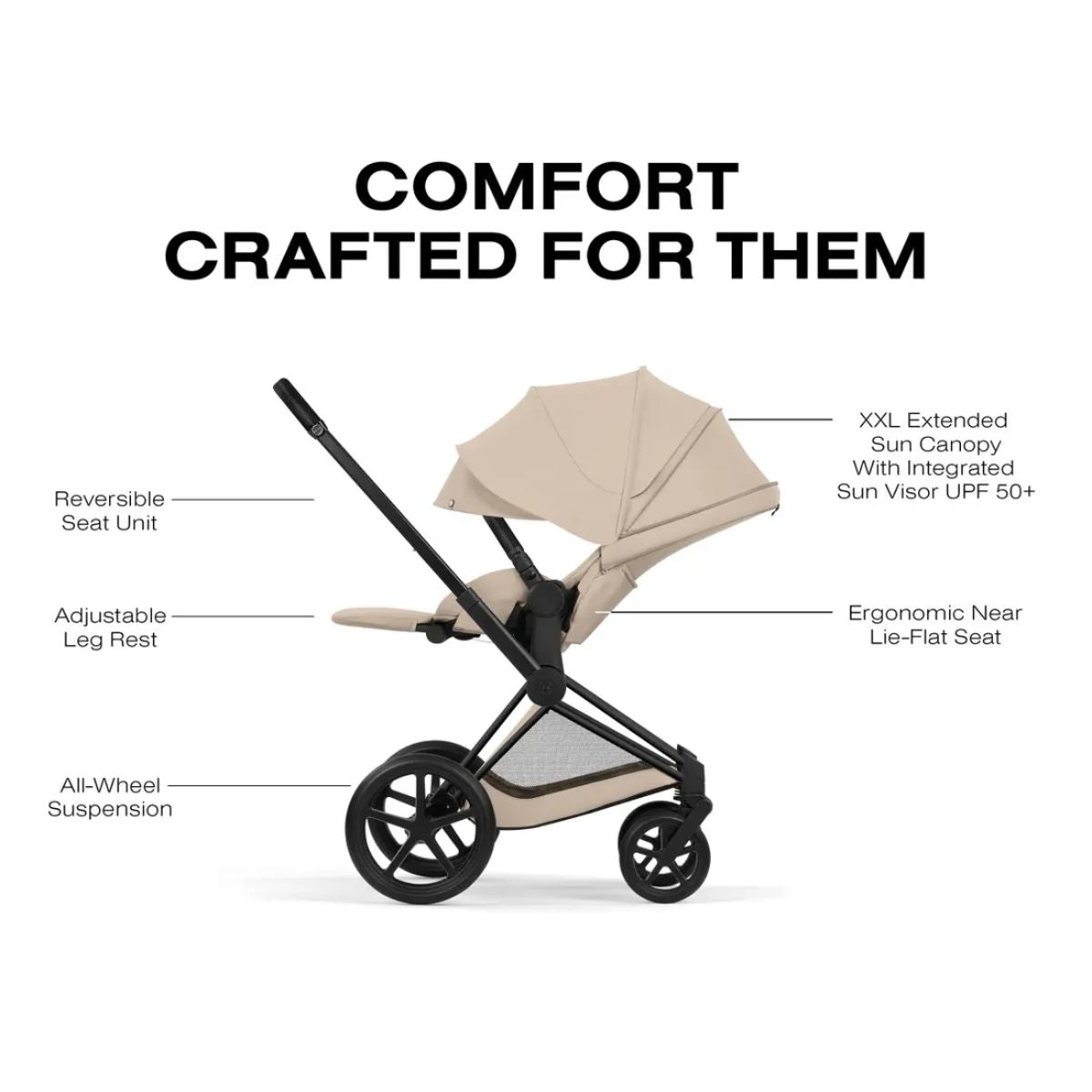 Carrinho De Bebê Cybex Priam 2026 Lux Matte Black / Cozy Beige

 - XXL UPF 50+ Canopy