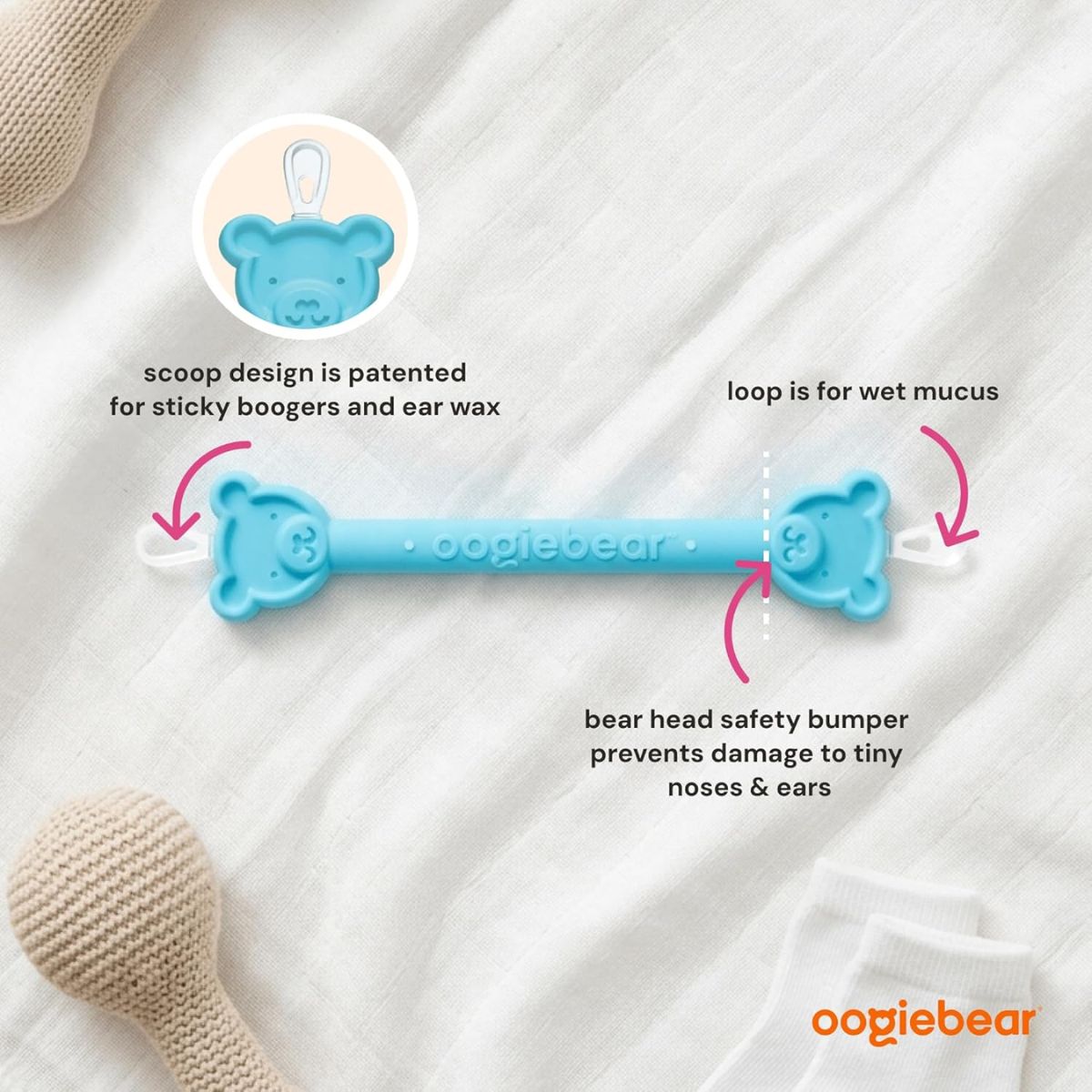 Oogiebear Infant Nose & Ear Cleaner Two Pack - Raspberry/Sea Foam with Case - Safe and Gentle Design